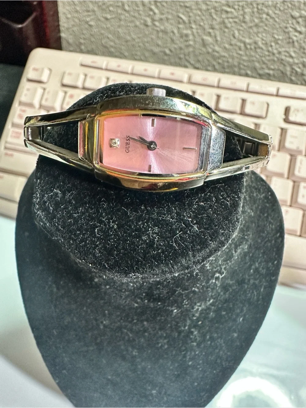 GUESS Silver-Tone Bangle Watch with Pink Sunray Dial vintage